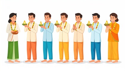 Fototapeta premium Group of people in traditional attire holding lamps and offerings.