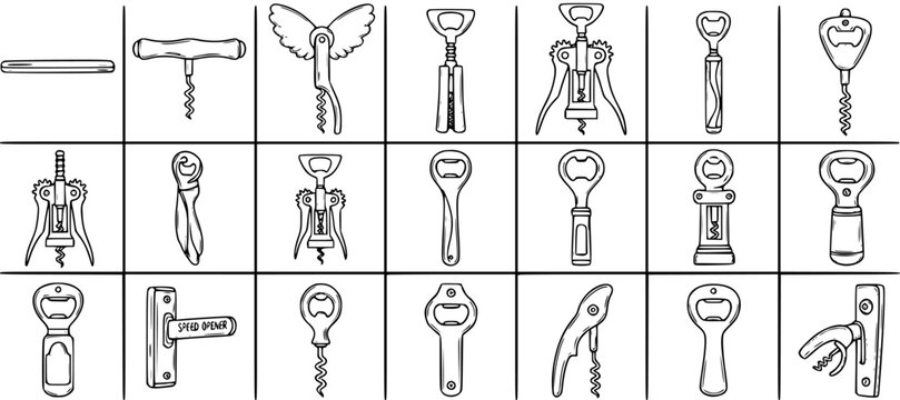 Black and White Line Art of Assorted Corkscrews and Bottle Openers for Kitchen or Bar