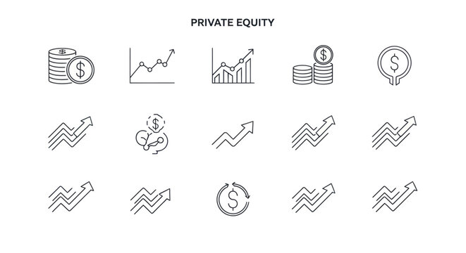 Private Equity Icons: Growth, Finance, Investment, Coins, Charts, Arrows
