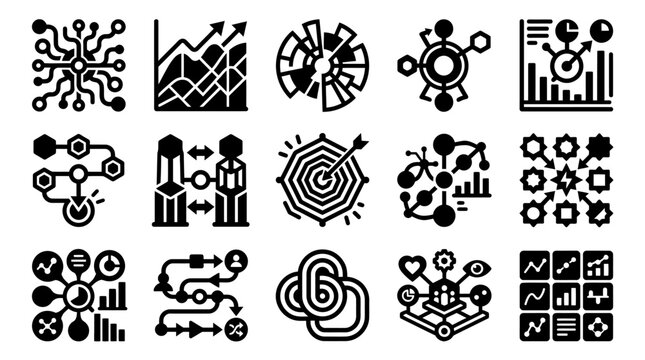 Icons Featuring Business Data Graphics and Network Connections in Modern Style
