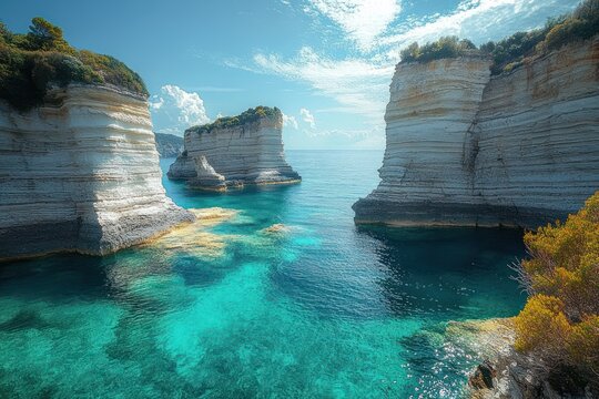 sunlit turquoise cove framed by towering white limestone cliffs and green shrubs, a peaceful serene seaside landscape
