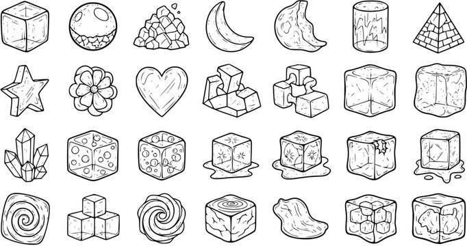 Black and White Line Art Icons: Ice Cubes, Crystals, Geometric Shapes, and Food Elements for Gaming and Design