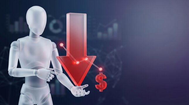 AI robot pointing at red downtrend arrow with red bar chart and glowing dollar sign on dark background, 3D render