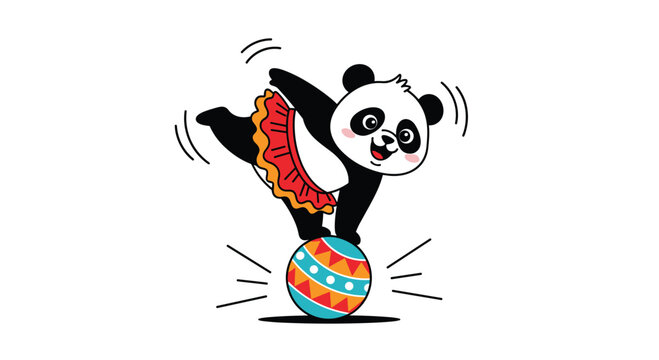 Cute circus panda wearing a red tutu skirt performing a balancing act on a colorful patterned ball isolated on white background.
