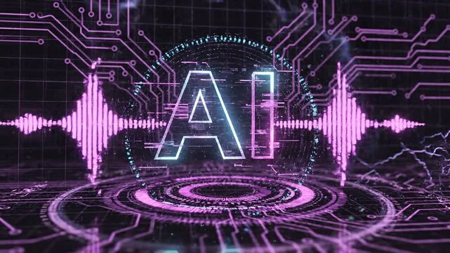 Animated ai text logo in futuristic circuit animation with neon pink lighting 4k video