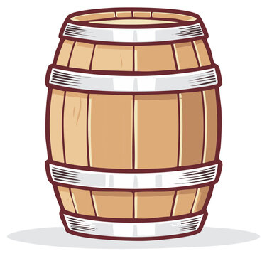 Traditional wooden barrel with metal bands isolated on white cartoon illustration