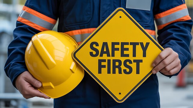 Worker holding safety first sign with helmet in industrial workplace environment