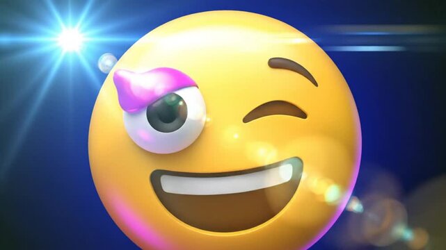 Cheerful yellow emoji face with an eye wink, pink eye shadow, and big open smile against a blue background.