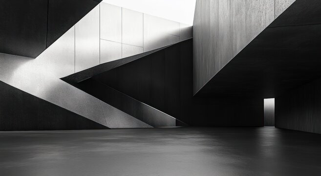 Austere monochrome interior of intersecting angular concrete planes, overhanging slabs and diagonal ramps lit by shafts of light with a lone bright doorway and reflective floor, mysterious mood