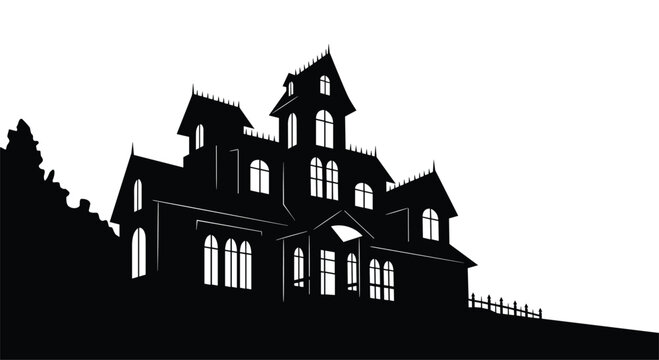 Dark silhouette of a grand victorian gothic mansion featuring multiple towers and lit windows against a stark white background.