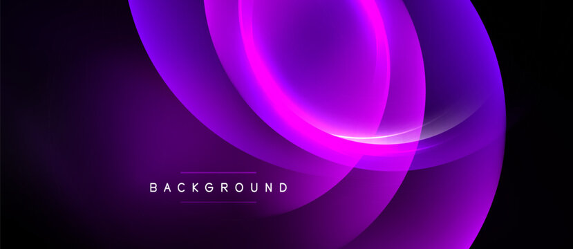 Abstract purple design. Overlapping glowing circles create dynamic visual effect. Dark background emphasizes bright shapes. Modern, elegant.