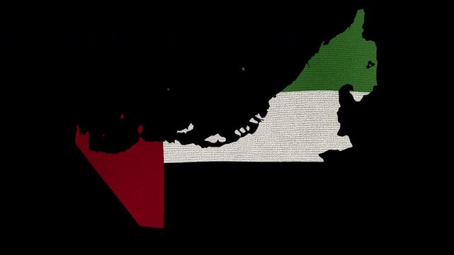A UAE map animation filled with a waving United Arab Emirates flag on alpha background, high quality, patriotic symbol, Middle East country concept with alpha channel support.