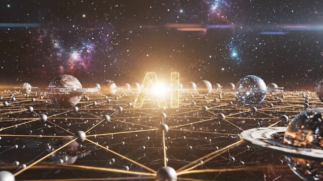 Animated ai text logo glowing in orange with tech energy on futuristic grid background 4k video