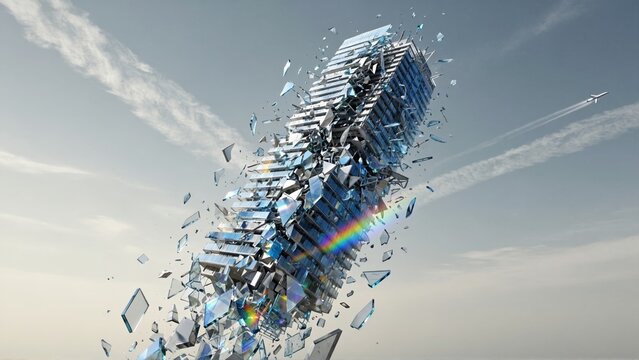 Shattered glass skyscraper disintegrating in mid-air against sky