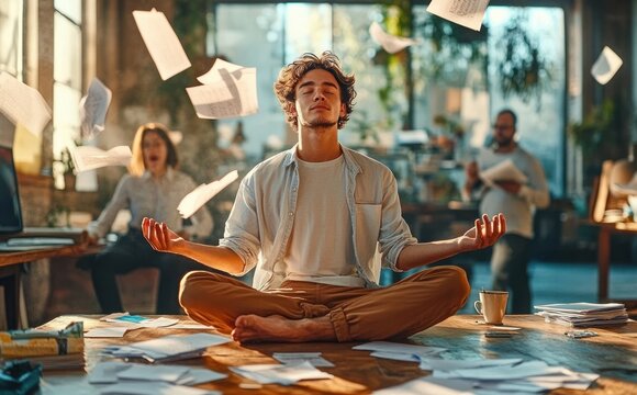 Young man sitting cross-legged on a cluttered desk meditating calmly as papers fly around in a sunlit open office while coworkers continue working, serene focus