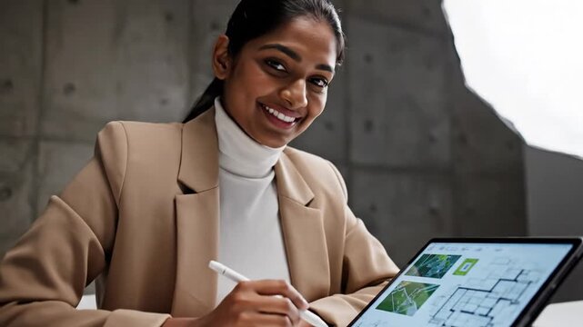 Woman Architect Working on Tablet with Stylus at Desk.
