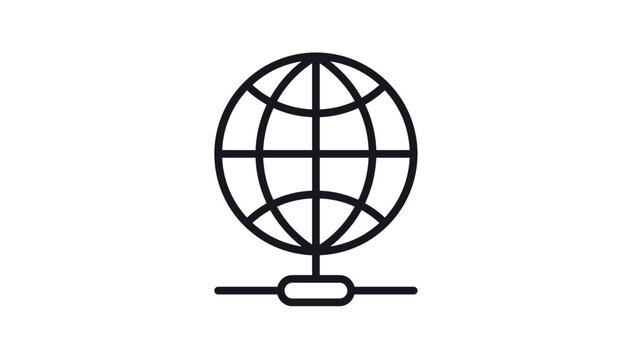 Global network connectivity vector icon illustration featuring a minimalist black line art globe symbol connected to a server node, representing internet, world wide web, and communication.