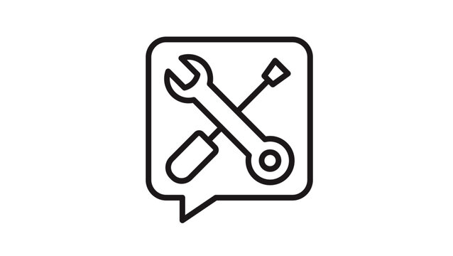 Technical support and repair service vector icon illustration featuring a crossed wrench and screwdriver inside a speech bubble, symbolizing maintenance help, customer care, and assistance.