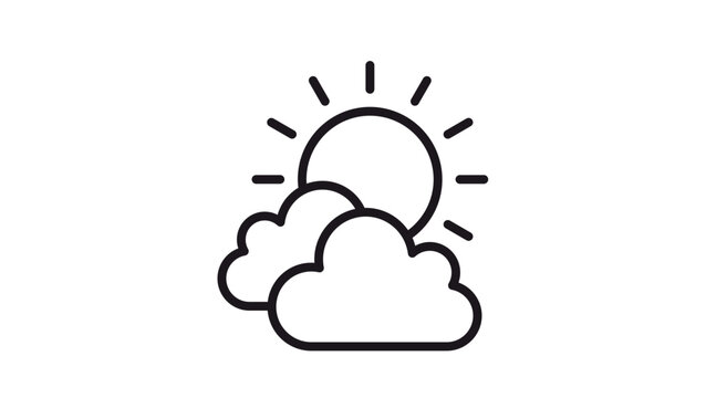 Partly cloudy weather vector icon featuring a sun behind two fluffy clouds, minimalist black line art symbol for meteorological forecasts, climate conditions, and atmospheric science illustration.