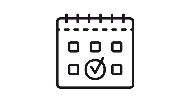Minimalist black vector icon illustration of a calendar with a checkmark symbol on a specific date, representing scheduling, appointment booking, deadline completion, and time management planning.