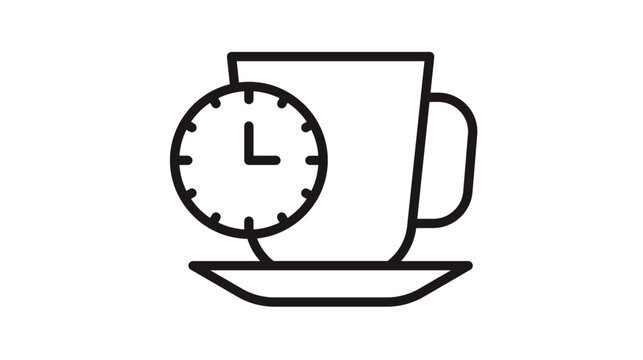 Minimalist coffee break vector icon illustration featuring a black line art cup on a saucer with an overlaid clock symbol representing tea time, office break, morning routine, and time management.