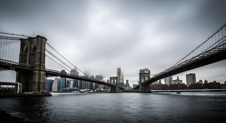 Fototapeta premium Iconic Brooklyn Bridge spanning the East River under a cloudy sky, with Manhattan skyline in the distance