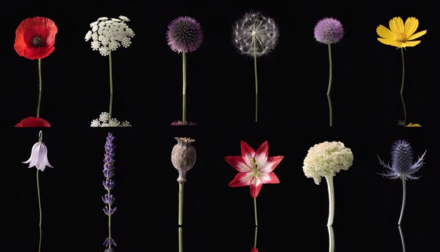 Scientific Botanical Flat Lay Collection of Twelve Wildflower Specimens on Black Background Including Red Poppy Dandelion Allium Lavender Bellflower Lily and Sea Holly for Nature Study and Design