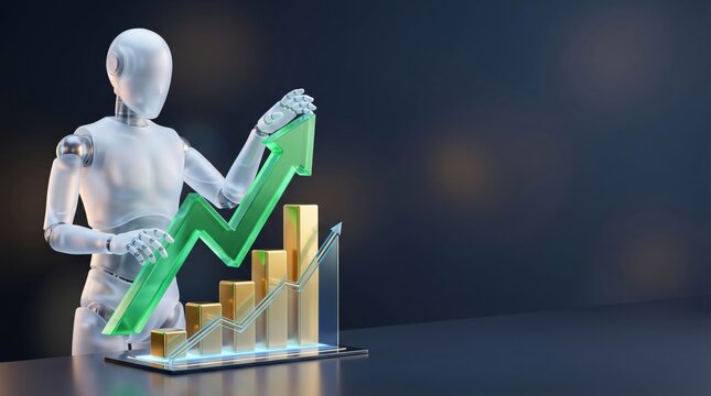 AI robot holding translucent green uptrend arrow with gold bar chart on dark warm background, 3D render