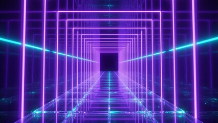 Fototapeta premium Futuristic Neon Tunnel with Purple and Cyan Light Grid