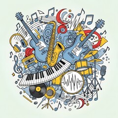 Obraz premium Colorful musical instrument doodle illustration with guitars, saxophone, drums, and piano, forming a vibrant composition that captures the energy and essence of music