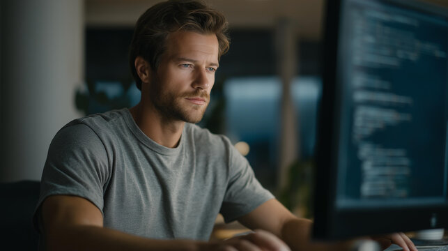 Software architect managing real-time system updates in a secure server environment, coding interface open with highlighted syntax and debug logs. cinematic color correction, natural uneven