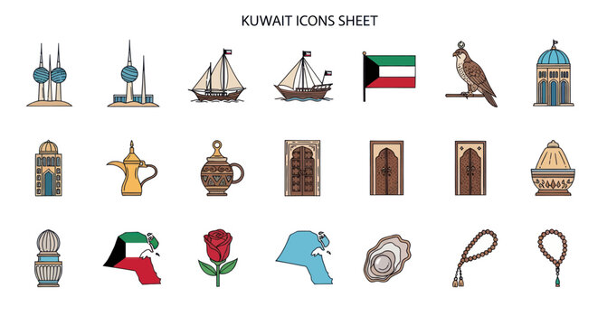 Kuwait Icons Sheet: Landmarks, Symbols, Culture, and Heritage Collection