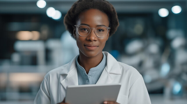 Professional in lab uniform reviewing data on digital display, background machines representing next-generation biotechnology and microelectronics manufacturing. cinematic color correction, natural