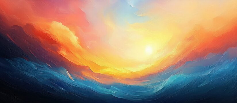 Radiant sunrise breaking over sweeping blue ocean waves beneath a colorful cloud-filled sky, textured brushstrokes evoking calm, warmth and uplifting serenity