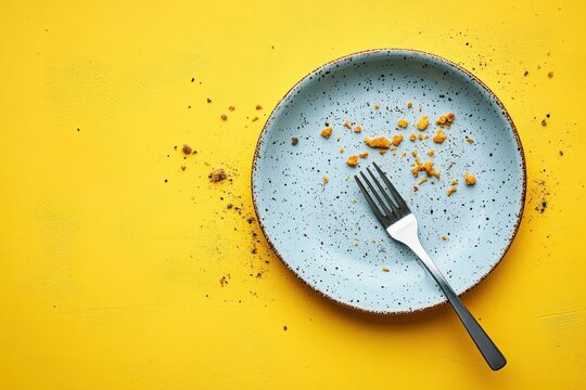 speckled blue ceramic plate with fork and scattered crumbs on bright yellow surface, empty after a finished meal conveying a minimalist cheerful sense of satisfaction