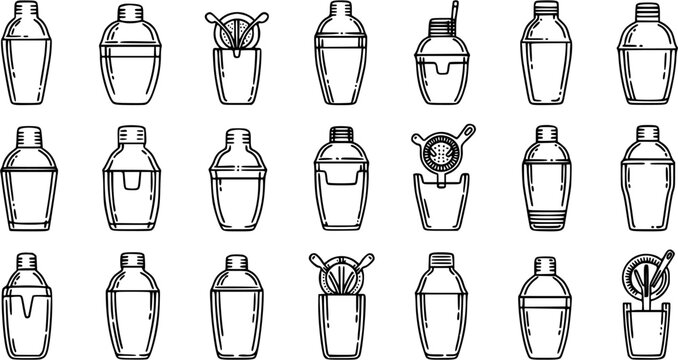 Food and Drink Bartending Black and White Line Art Icons Set. Collection of Various Cocktail Shakers and Bar Tools for Mixology and Beverage Preparation.