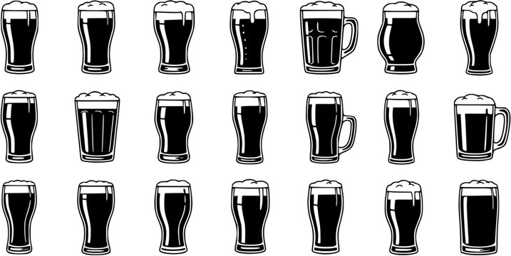 Black and White Line Art Beer Glasses and Mugs Glyph Icons Set for Beverage Industry, Pubs, and Breweries