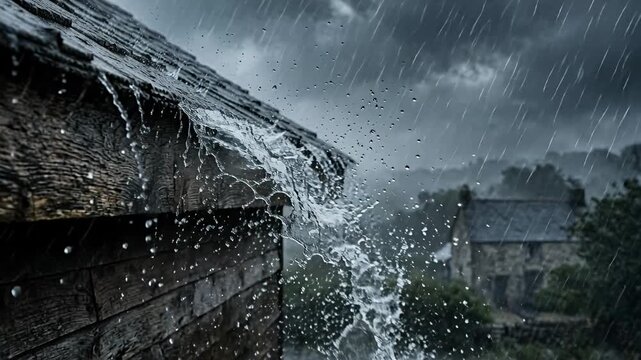 rain splash on roof edge during storm, heavy downpour, dark clouds