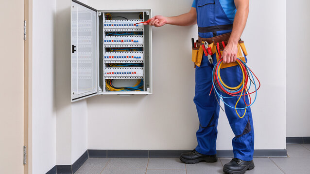 electrician at work,
A technician repairs an electrical panel.
He wears a professional blue work uniform.
A tan tool belt holds his gear.
He holds a colorful coil of wires.
He uses a screwdriverw