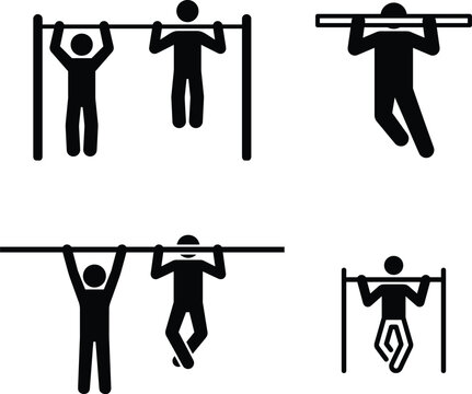 Illustrations of various pull-up and suspension training exercises using parallel bars.