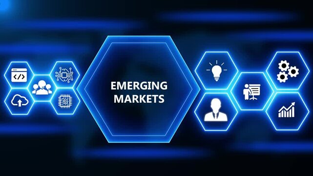 Business, Technology, Internet and network concept. Young businessman working on a virtual screen of the future and sees the inscription: Emerging markets