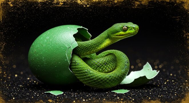Green snake hatching from broken egg shell. Newborn reptile coming out of shell against dark background. Concept of wildlife, new life beginning, evolution and nature transformation.