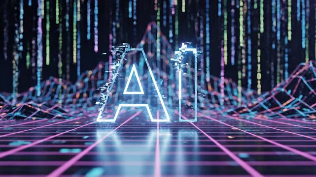 Animated ai text logo in clean corporate tech environment with neon lighting and digital 4k video
