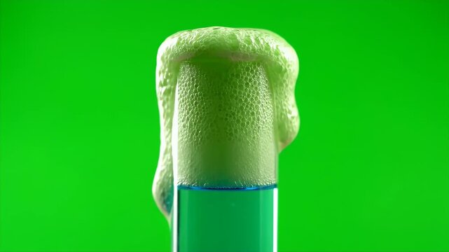 Chemical Reaction With Blue Bubbles and Green Foam Overflowing In A Test Tube On A Vibrant Green Screen Background Showing Laboratory Experimentation And Scientific Discovery