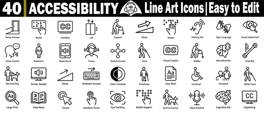 Professional accessibility line icons set. Featuring universal design symbols for mobility aids, visual impairment, hearing assistance, and inclusive technology vector illustration.