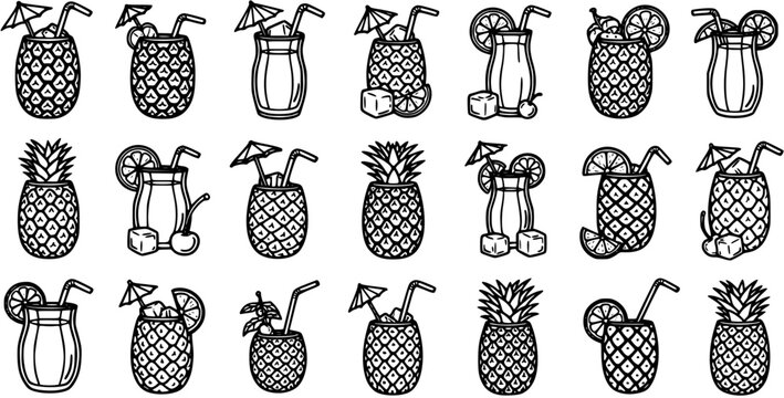 Black  White Line Art Pineapple Cocktails Icons Set. Tropical Food  Drink Outline Collection with Summer Beverages and Exotic Fruit.