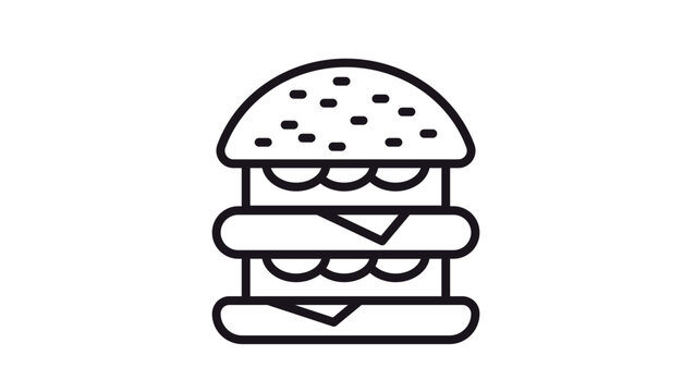 Double Cheeseburger Vector Icon Illustration. Minimalist black outline graphic of a delicious stacked burger with sesame seed bun, two meat patties, cheese, and lettuce. Scalable food symbol.