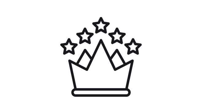 Black line art vector icon of a royal crown with five stars above it, representing premium quality, luxury, success, and top ranking. Minimalist graphic illustration for web and print design.