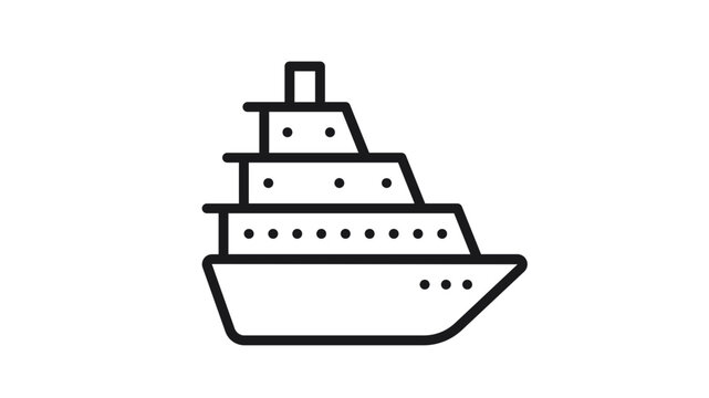 Black line vector icon of a cruise ship or ocean liner. This minimalist illustration features a large passenger vessel with multiple decks and portholes, ideal for travel and maritime graphics.