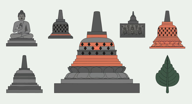 Collection of Buddhist Stupas and Statue, Borobudur Style, Vector Illustration